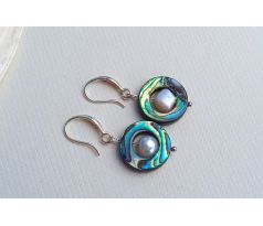 Abalone paua perleť a říční perly postříbřené náušnice