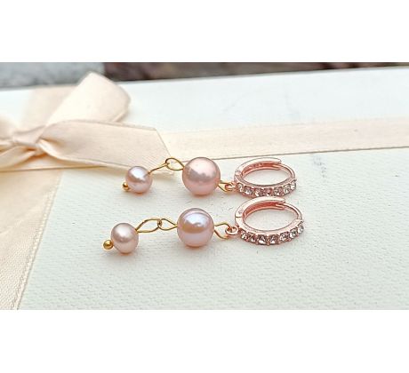 Růžové mořské perly pozlacené perlové náušnice se zirkony