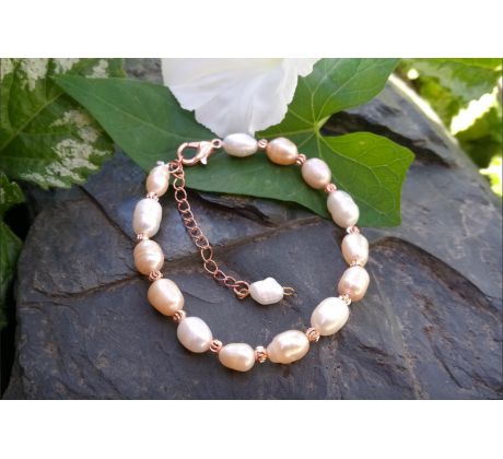 Říční perly růžovo bílý perlový pozlacený náramek