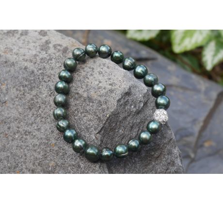Zelené říční perly pružný perlový náramek se zirkony