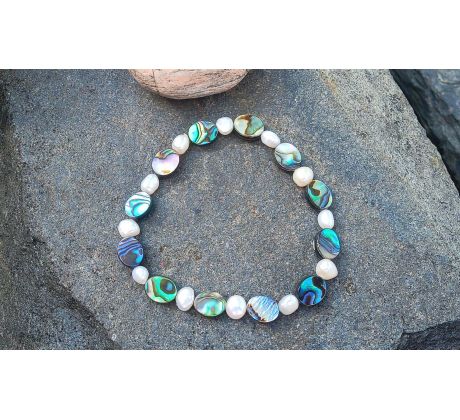 Abalone paua perleť a říční perly pružný přírodní náramek