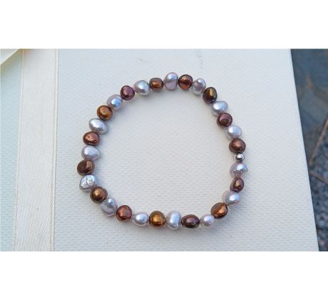 Říční perly hnědo šedý pružný perlový náramek