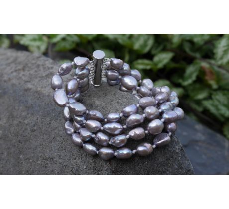 Šedé říční perly čtyřřadý uzlíkovaný perlový náramek