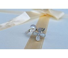 Perlový prstýnek s bílou perlou a zirkony, univerzální velikost