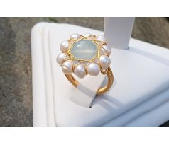 Perlový prstýnek s achátem, říční perly, pozlacený