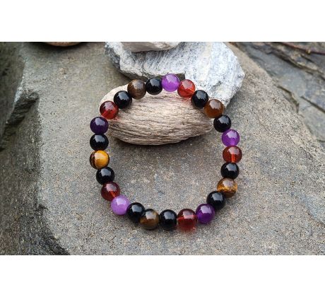 Mystický náramek turmalín, tygří oko, ametyst, achát, minerálový pružný šperk