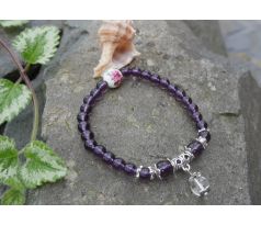 Ametyst křišťál a porcelánový korálek, pružný minerálový náramek