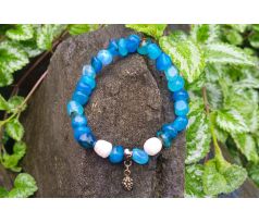 Tromlovaný achát a říční perly pružný náramek