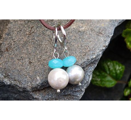 Tichomořské šedé perly 10 mm a broušený akvamarín osobité náušnice