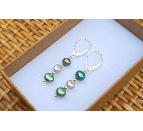 Říční perly zeleno šedé stříbrné perlové náušnice