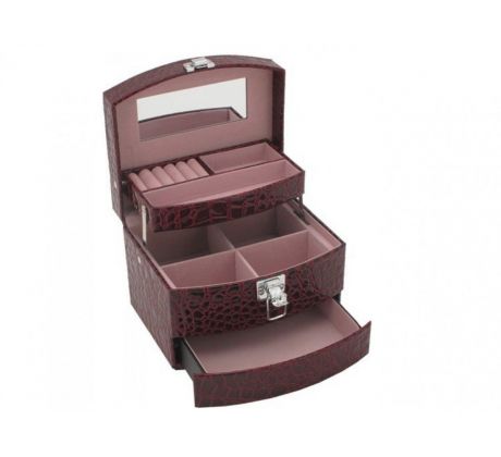 Praktická velká bordó třípatrová šperkovnice z eko kůže