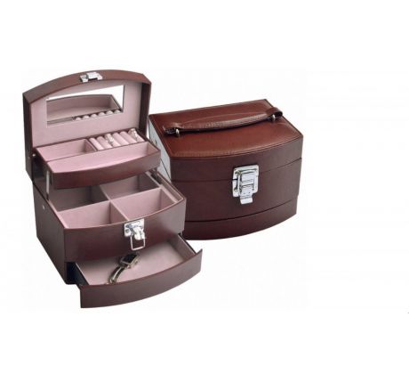 Praktická velká hnědá třípatrová šperkovnice z eko kůže, kufřík