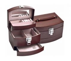 Praktická hnědá třípatrová šperkovnice kufřík z eko kůže se zrcátkem