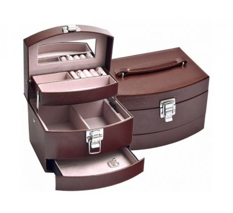 Praktická hnědá třípatrová šperkovnice kufřík z eko kůže se zrcátkem