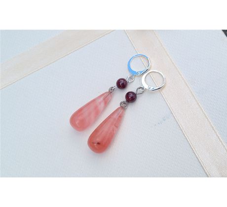 Třešňový křemen a granát přírodní minerálové náušnice