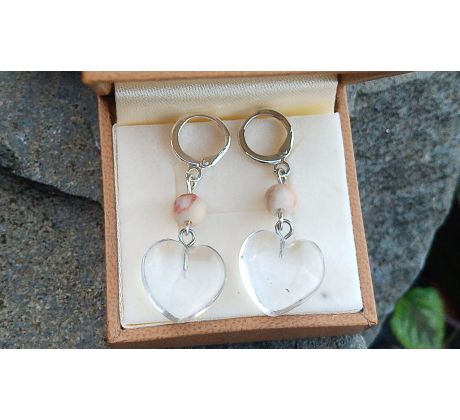 Srdíčka z křišťálu a pink jaspis romantické přírodní náušnice