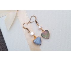 Abalone paua perleť srdce a říční perly romantické náušnice