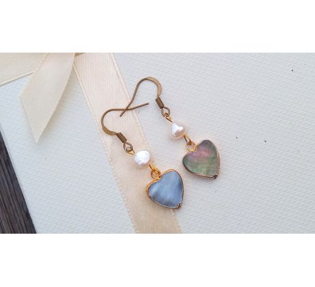 Abalone paua perleť srdce a říční perly romantické náušnice