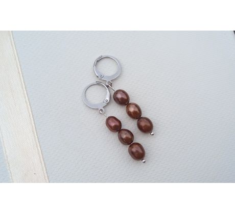 Hnědé prvotřídní říční perly na chirurgické oceli, perlové náušnice