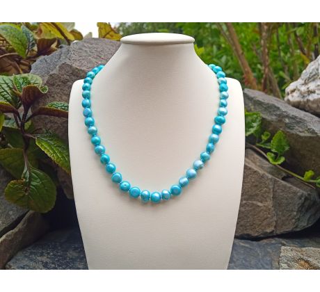 Nebesky modré říční perly uzlíkovaný perlový náhrdelník